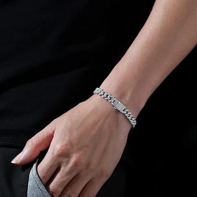 Pulsera de eslabones cubanos de Miami real MOISSANITA HELADA de plata de ley 925 -8 mm Foto 1 de 4