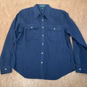 Camisa Lauren Ralph Lauren Mujer Grande 100% Lino Azul Marino Dorado Botones Bolsillos - Imagen 1 de 11