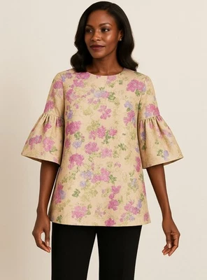 Tuckernuck Floral Jacquard Bell Sleeve Blouse Beige Pink Green Top Size Large - Image 1 of 4