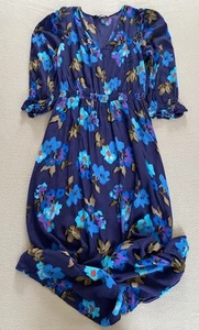 M&S DRESS SZ 10 MIDI BLUE FLORAL FRILL V NECK WOMENS LADIES VISCOSE - Picture 1 of 7