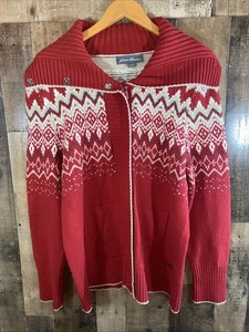 Maglione donna Eddie Bauer rosso Fair Isle zip, taglia XL collo sciallato, cotone lana - Foto 1 di 10