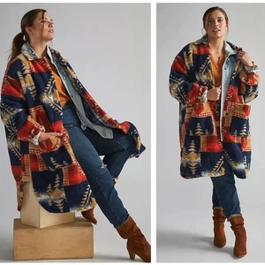 ANTHROPOLOGIE x PILCRO Sherpa Duster Jacket Red Blue Aztec Blanket Coat Sz L - Picture 1 of 5