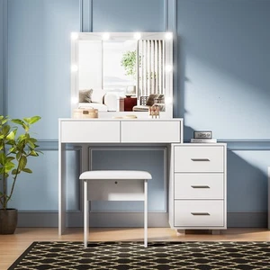 White Dressing Table with LED Lights Mirror 5 Drawers Stool Cabinet Make up Desk - Picture 1 of 14