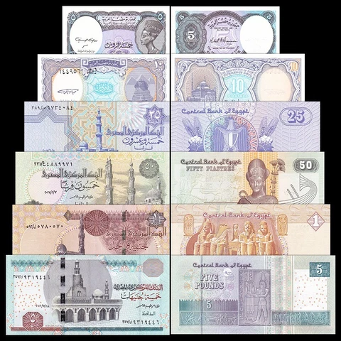 Egypt Set 6 PCS, 5 10 25 50 Piastres 1 5 Pounds UNC random year Cover