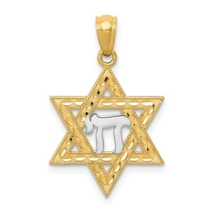 14K YELLOW & WHITE GOLD STAR OF DAVID PENDANT WITH CHAI - Hebrew Jewish - Picture 1 of 2