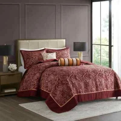 NEW! ~ XXX-L ELEGANT CHIC RICH GOLD RED BURGUNDY WHITE LARGE BEDSPREAD QUILT SET - Image 1 of 3
