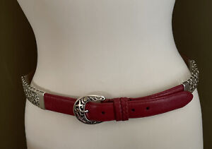 BRIGHTON - Red Leather Belt, Silver Buckle, B31467, Size 34