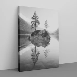 Lake Island Canvas Print – Black White Nature Photography – Tranquil Landscape - Picture 1 of 45