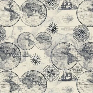 Ocean Maps Lined Cream 100% Cotton Fabric by The Yard - Picture 1 of 1