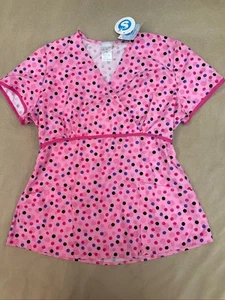 Simply Basic Scrub Top Pink Polka Dot Nwt Medium Womens Poly Cotton Blend Flaw - Picture 1 of 5