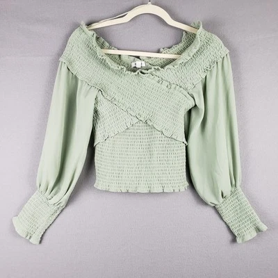BB Dakota Women's Size S Smocked & Fire Ruched Long Puff Sleeve Top Sage Green - Image 1 of 4
