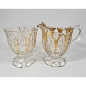 Vintage Co-operative Flint Glass Company Lattice Leaf Creamer & Sugar EAPG Gold - Picture 1 of 5
