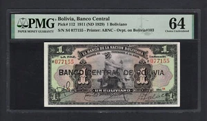 Bolivia One Boliviano 1911 (ND 1929) P112 Uncirculated Grade 64 - Picture 1 of 2