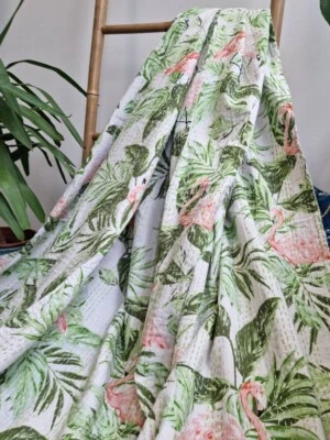 White Flamingo Printed Indian Kantha Quilt Twin Cotton Blanket Vintage Bedspread - Image 1 of 4
