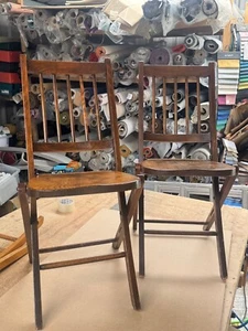 🪑 Set of 2 Antique Folding Oak Dining Chairs 1920s Style Solid Wood Vintage - Picture 1 of 12