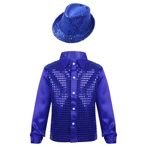 Kids Boys Girls Shiny Sequins Shirt Jazz Latin Street Dance Top Disco Jacket+Hat - Picture 1 of 54