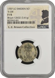 SWEDEN 5 Öre, 1707 LC Stockholm, Karl XII. NGC Ex: L.E. Bruun Collection - Picture 1 of 8