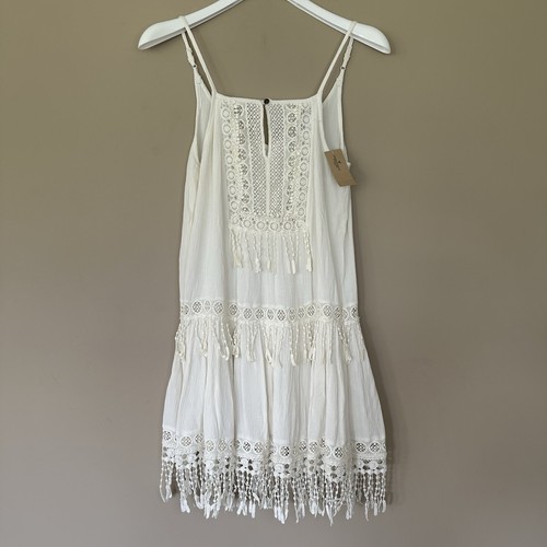OFF WHITE Abito boho American Eagle Cottagecore donna XXS con spalline frange a strati bianco sporco