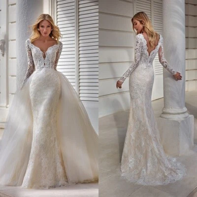 Detachable Train Mermaid Wedding Dresses Appliques Lace Bridal Gowns Long Sleeve - Image 1 of 4