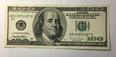 100 DOLLAR NOTE 1996 FANCY SERIAL NUMBER AB 4197 1497 Q Over Twenty Years In Age - Image 1 of 4