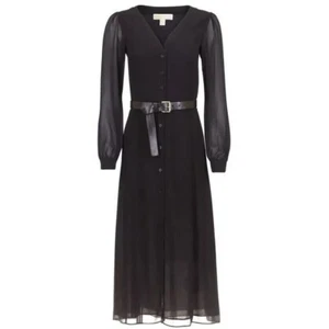 Michael Kors Black Midi Dress Sheer Sleeve Button Front Belted 3X NO BELT - Picture 1 of 5