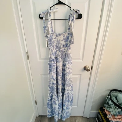 Nothing Fits But Dress Womens M L Blue Toile Maxi Smocked Tie Strap Linen Tiered - Image 1 of 4