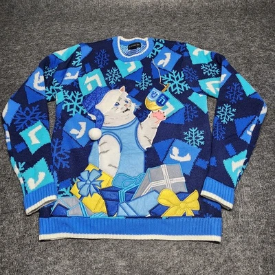 Blizzard Bay Christmas Hanukkah White Cat Jewish Dreidel Blue Sweater Medium - Image 1 of 4