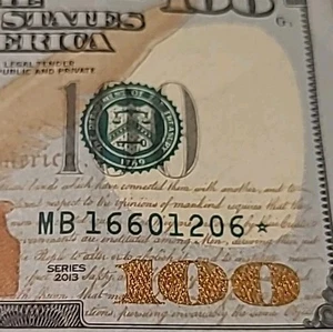 Ausgefallener Seriennummer 100 Dollar Schein 2013 Serie ~ STERNSCHEIN ~ MB 16601206 * - Bild 1 von 7
