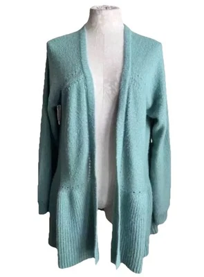 Excelente estado usado! Suéter cardigã Elle azul-petróleo macio aberto frontal peplum, feminino tamanho XL - Imagem 1 de 4