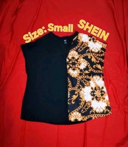 (XL)SHEIN Top zweifarbig schwarz/Kettenmuster Relaxed Fit V-Ausschnitt - Bild 1 von 3