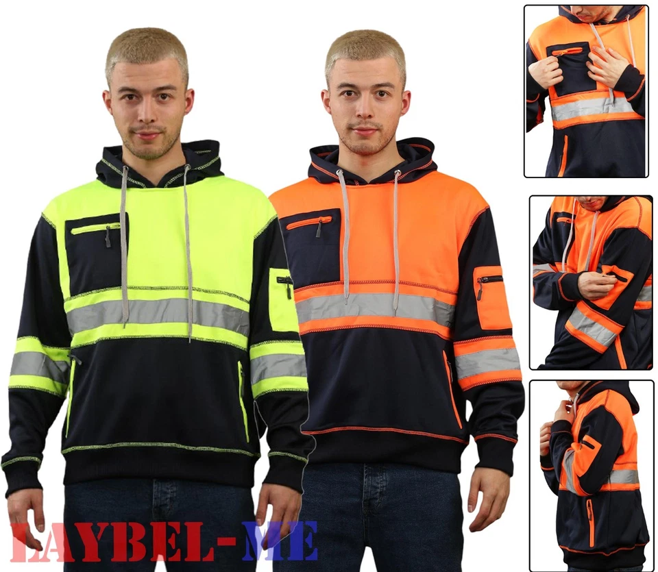 Hi Vis Viz Hoodie High Visibility Hoody Men Pullover Zipped Pocket Workwear - Image 1 of 1