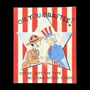 1940s WWII Oh You Draftee Vintage Army Greeting Card Uncle Sam Beard & Dictators - Picture 1 of 7