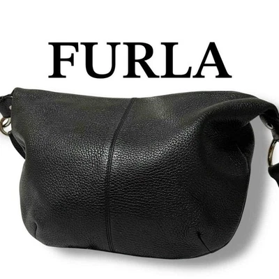FURLA Hobo Shoulder Bag Small Logo Leather Black Women's USED FROM JAPAN - Image 1 of 4