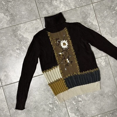 Suéter Jersey Marc Aurel Cuello Alto Mezcla Lana Retazos Floral Marrón Talla 44 Foto 1 de 4