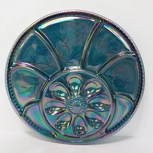 Indiana Glass Company Azul Carnaval Huevo Devilado Relish 13" Plato Bandeja Iridiscente - Imagen 1 de 7