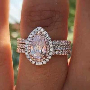 2.50Ct Pear Cut Lab Created Diamond Trio Set Women's Rings 14K White Gold Pleted - Picture 1 of 9