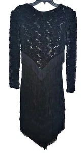 Vintage 80er Kleid Größe 9 10 Medium Fransen Pailletten schwarz Party Flapper formell 90er - Bild 1 von 11