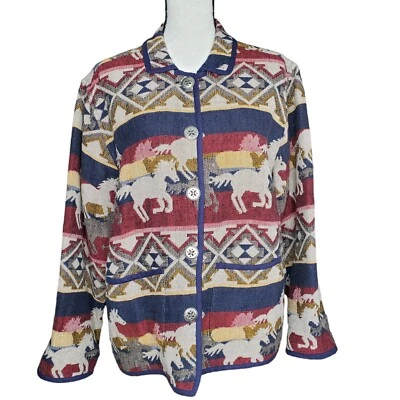 Jane Ashley Tapestry Jacket Large Horse Southwest Button Up Pockets Beige Blue - Image 1 of 4