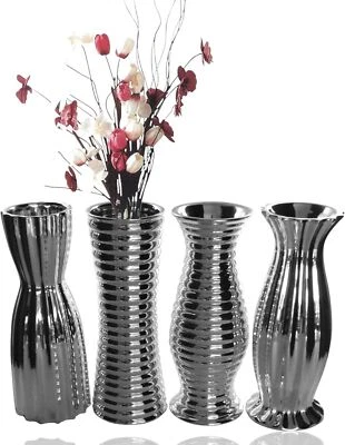 4er Set Keramik-Vase Silber-glänzend edel modern 22cm hoch, Wohnzimmer - Bild 1 von 4