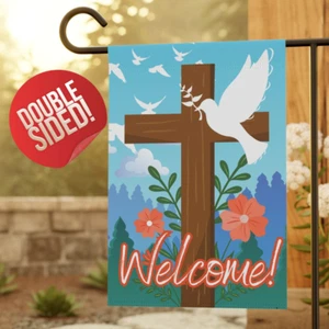 Christian Cross Welcome Garden Flag, Peace Dove Flower Floral Love Jesus Banner - Picture 1 of 11
