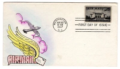C34 Pan American Union 10c Airmail 1947 FDC - Weigand Hand-Painted - Image 1 of 2