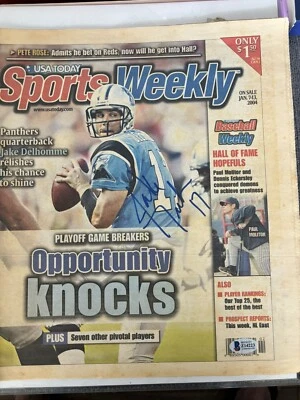 JAKE DELHOMME CAROLINA PANTHERS FIRMADO DEPORTES SEMANALES CERTIFICADO DE AUTENTICIDAD BAS BECKETT Foto 1 de 3