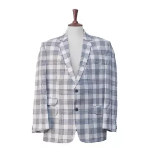 Mens Blazer Blue White Plaid Check Cotton Formal Jacket Wedding Sport Coat 46R - Picture 1 of 7