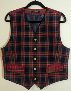 Vintage 90s Liz Claiborne Sport Plaid Christmas Vest Button Lined Red 12P Petite - Picture 1 of 16
