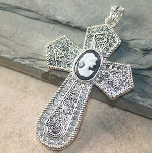SILVER Black 12x16MM Oval Cameo Titanium Druzy Cross Pendant 2 5/8 " X 1 5/8 " - Picture 1 of 2