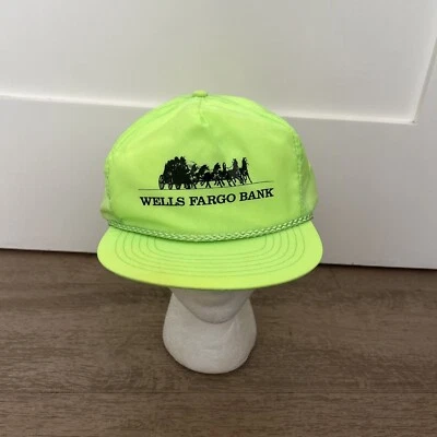 Vintage Wells Fargo Bank Hat Cap Rope Adjustable Neon Green 80’s Style Speedway - Image 1 of 4