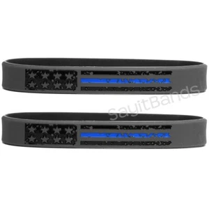 Two (2) Vintage Flag Thin BLUE Line Wristbands - LEO Police Awareness Bracelets - Picture 1 of 4