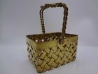 VINTAGE SMALL MINI RECTANGULAR WOVEN BRASS BASKET WITH DECORATIVE HANDLE - INDIA