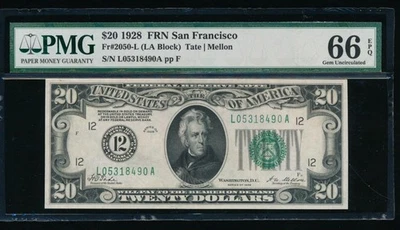AC NUMERICAL 1928 $20 San Francisco PMG 66 EPQ gold clause Fr 2050-L - Image 1 of 2