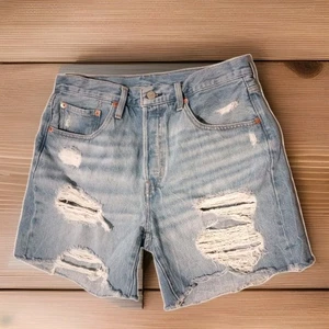 Women Levis 501 Jean Shorts High-Rise Button-Up Cutoff Distressed Light Wash W30 - Picture 1 of 15